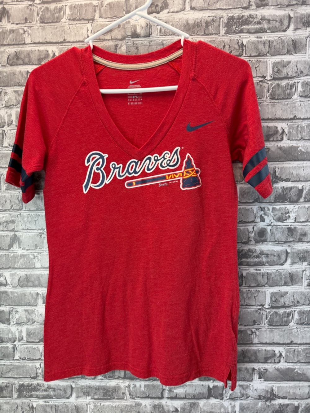 Atlanta Braves Nike Red V-Neck Tee with Navy Accents